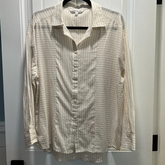 Elizabeth and James Tan and White Striped Button Down Long Sleeved Shirt. Large. - Picture 1 of 8